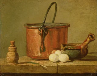 Stilleven met keukengerei, ketel, braadpan en eieren